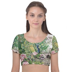 Peafowl Peacock Feather Beautiful Velvet Short Sleeve Crop Top  by Sudhe