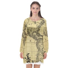 Map Vintage Old Ancient Antique Long Sleeve Chiffon Shift Dress  by Sudhe