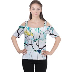 White And Multicolored Illustration Cutout Shoulder Tee