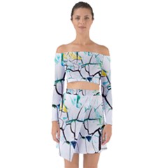 White And Multicolored Illustration Off Shoulder Top With Skirt Set by Wegoenart