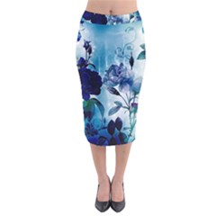 Wonderful Blue Flowers Velvet Midi Pencil Skirt by FantasyWorld7