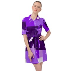 Purple Stars Pattern Shape Belted Shirt Dress