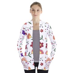 Flowers On A White Background             Women s Open Front Pockets Cardigan