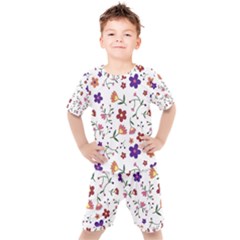 Flowers On A White Background           Kids  Tee And Shorts Set by LalyLauraFLM