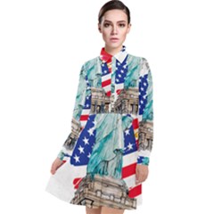 Statue Of Liberty Independence Day Poster Art Long Sleeve Chiffon Shirt Dress