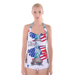 Statue Of Liberty Independence Day Poster Art Boyleg Halter Swimsuit 