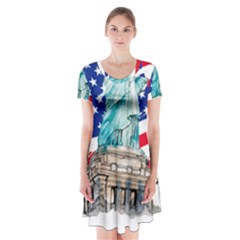 Statue Of Liberty Independence Day Poster Art Short Sleeve V-neck Flare Dress