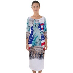 Statue Of Liberty Independence Day Poster Art Quarter Sleeve Midi Bodycon Dress