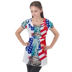 Statue Of Liberty Independence Day Poster Art Puff Sleeve Tunic Top