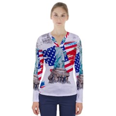 Statue Of Liberty Independence Day Poster Art V-Neck Long Sleeve Top