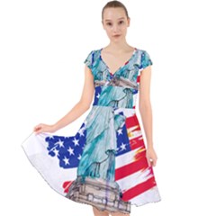 Statue Of Liberty Independence Day Poster Art Cap Sleeve Front Wrap Midi Dress