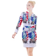 Statue Of Liberty Independence Day Poster Art Button Long Sleeve Dress