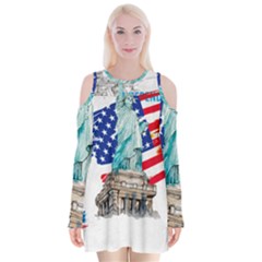 Statue Of Liberty Independence Day Poster Art Velvet Long Sleeve Shoulder Cutout Dress