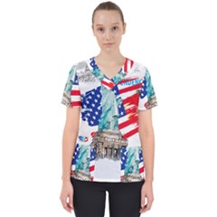 Statue Of Liberty Independence Day Poster Art Women s V-Neck Scrub Top