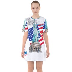 Statue Of Liberty Independence Day Poster Art Sixties Short Sleeve Mini Dress