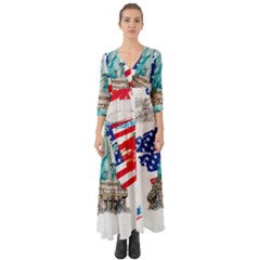 Statue Of Liberty Independence Day Poster Art Button Up Boho Maxi Dress