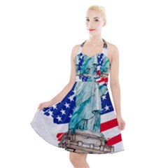 Statue Of Liberty Independence Day Poster Art Halter Party Swing Dress 