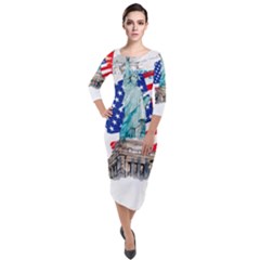 Statue Of Liberty Independence Day Poster Art Quarter Sleeve Midi Velour Bodycon Dress
