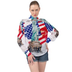 Statue Of Liberty Independence Day Poster Art High Neck Long Sleeve Chiffon Top