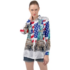 Statue Of Liberty Independence Day Poster Art Long Sleeve Satin Shirt