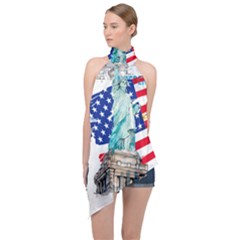 Statue Of Liberty Independence Day Poster Art Halter Asymmetric Satin Top
