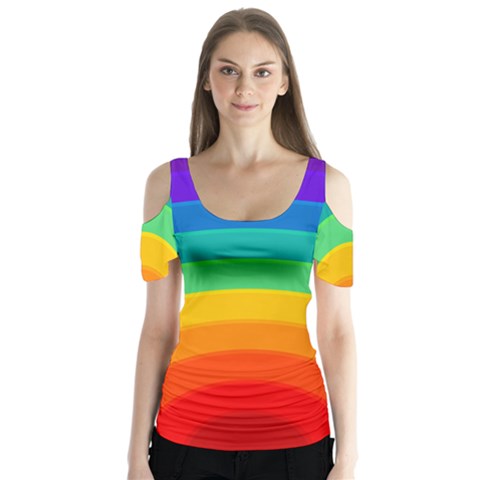 Rainbow Background Colorful Butterfly Sleeve Cutout Tee  by Simbadda