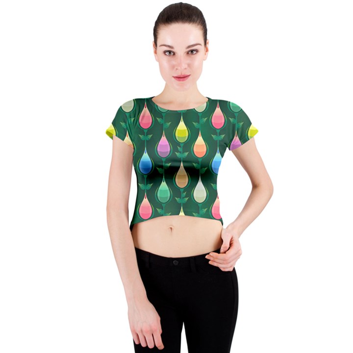 Tulips Seamless Pattern Background Crew Neck Crop Top