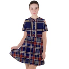 Plaid Tartan Scottish Navy Gold Short Sleeve Shoulder Cut Out Dress  by Simbadda