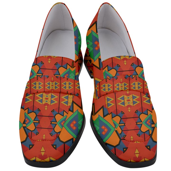 Misc shapes on an orange background             Women s Chunky Heel Loafers