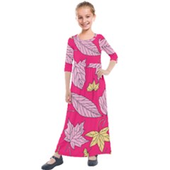Autumn Dried Leaves Dry Nature Kids  Quarter Sleeve Maxi Dress by Simbadda