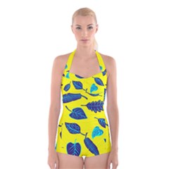 Leaves Pattern Picture Detail Boyleg Halter Swimsuit  by Simbadda