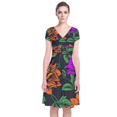 Floral Background Drawing Short Sleeve Front Wrap Dress