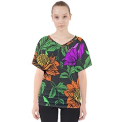 Floral Background Drawing V-Neck Dolman Drape Top