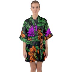 Floral Background Drawing Quarter Sleeve Kimono Robe