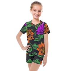 Floral Background Drawing Kids  Mesh Tee and Shorts Set