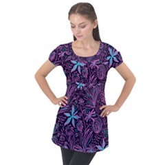 Stamping Pattern Leaves Drawing Puff Sleeve Tunic Top by Simbadda