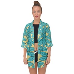 Leaves Dried Leaves Stamping Blue Yellow Open Front Chiffon Kimono by Simbadda