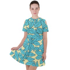 Leaves Dried Leaves Stamping Blue Yellow Short Sleeve Shoulder Cut Out Dress  by Simbadda