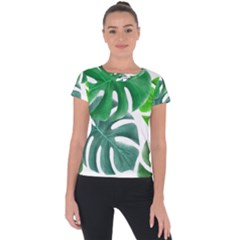 Tropical Greens Leaves Design Short Sleeve Sports Top  by Simbadda