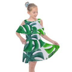 Tropical Greens Leaves Design Kids  Shoulder Cutout Chiffon Dress
