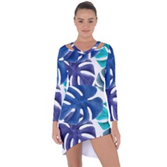 Leaves Tropical Blue Green Nature Asymmetric Cut-out Shift Dress by Simbadda