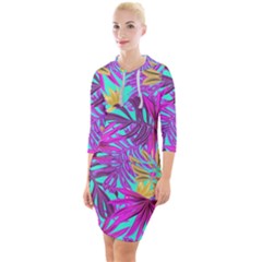 Tropical Greens Leaves Design Quarter Sleeve Hood Bodycon Dress by Simbadda