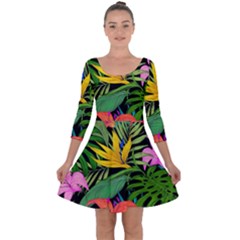 Tropical Greens Leaves Design Quarter Sleeve Skater Dress by Simbadda