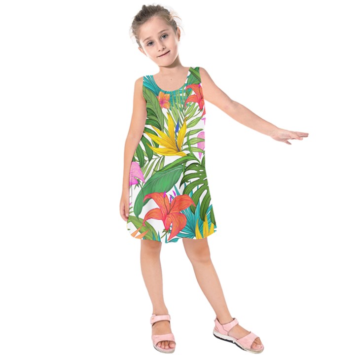 Tropical Greens Leaves Monstera Kids  Sleeveless Dress