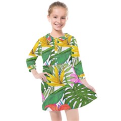 Tropical Greens Leaves Monstera Kids  Quarter Sleeve Shirt Dress by Simbadda