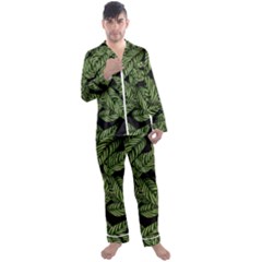 Leaves Black Background Pattern Men s Satin Pajamas Long Pants Set