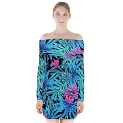 Leaves Picture Tropical Plant Long Sleeve Off Shoulder Dress by Simbadda