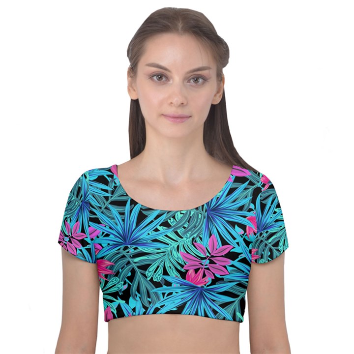 Leaves Picture Tropical Plant Velvet Short Sleeve Crop Top 