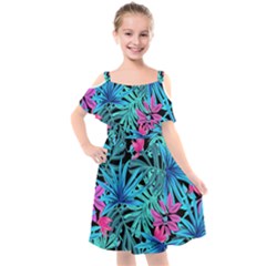 Leaves Picture Tropical Plant Kids  Cut Out Shoulders Chiffon Dress by Simbadda