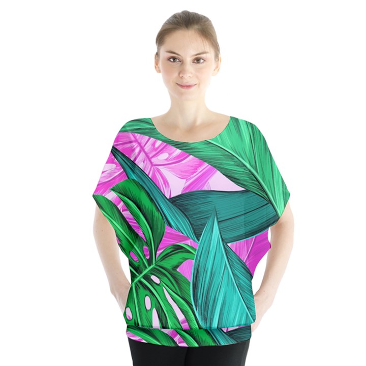 Tropical Greens Monstera Summer Batwing Chiffon Blouse